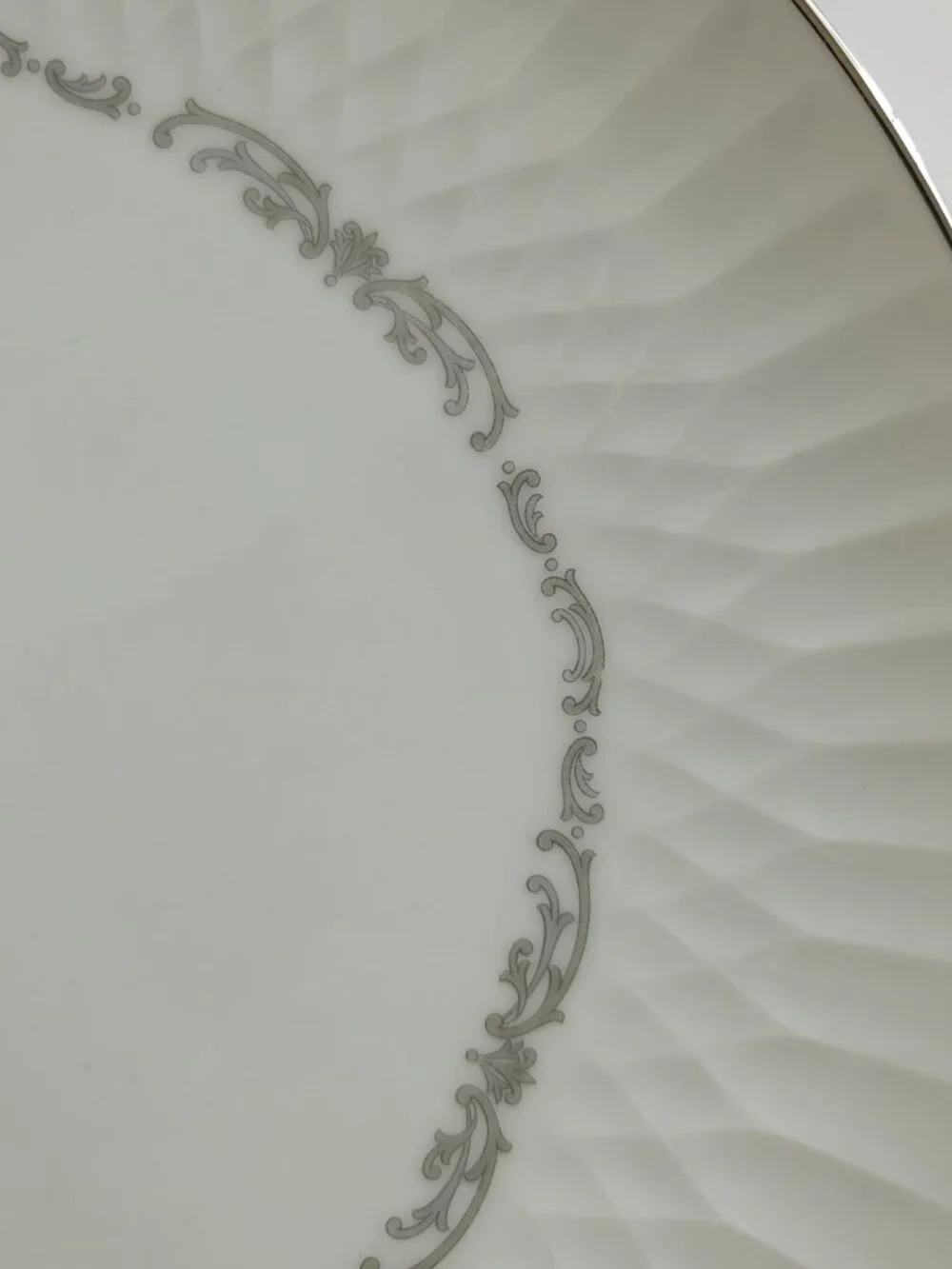 TWO Noritake 6350 Camden Dinner Plates White with Gray Scrolls 10 5/8 Inch Plate